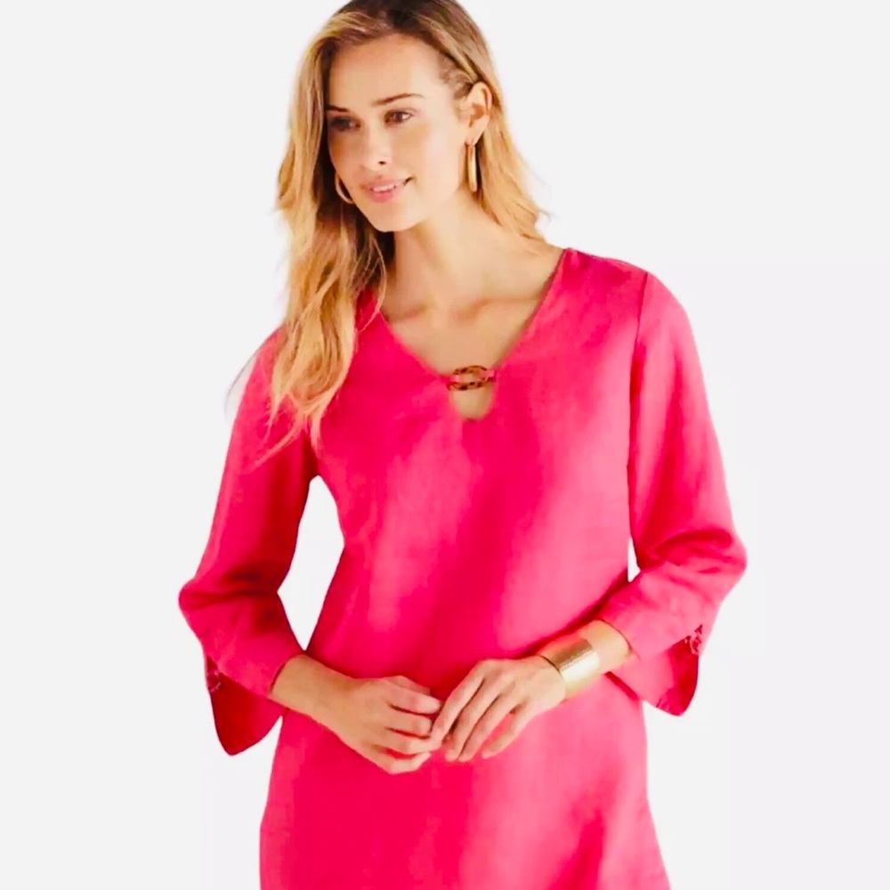 Soft Surroundings Size Small P Saja Linen Tunic Top Pink Tortoise Shell Accent